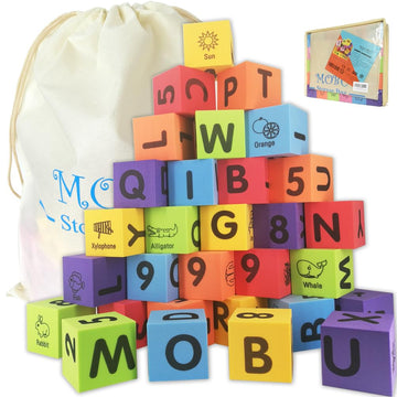 Mobu Eva Foam Building Blocks 30 Pcs Soft Alphabet Blocks (Abc) Numbers Blocks (123) Animal Multi-Colored ChildS Cognitive Pres