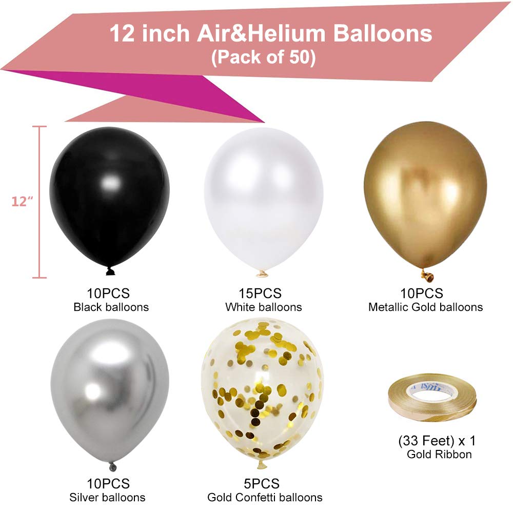 Black Gold Silver Party Balloons, 50Pcs 12 Inch Metallic Thicker Latex Confetti Balloons With Ribbon For Wedding Birthday Baby Shower Decorations (Blackgoldsilver50Pcs)