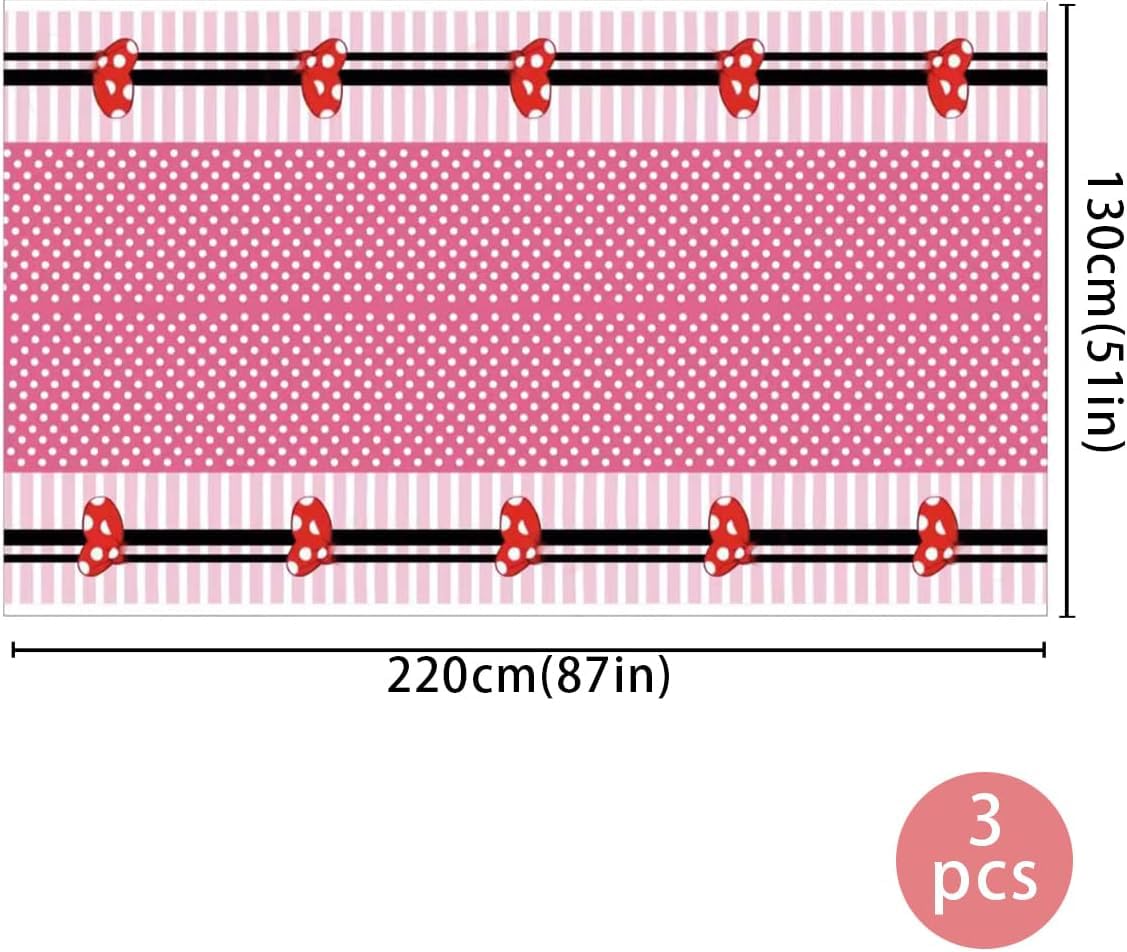 ANFGANC 3pc Mouse Tablecloth Mouse Party Supplies Disposable Pink Bow Plastic Table Cover for Girls 1st,Oh Twodles Birthday,Baby