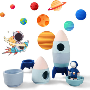Macabaka Silicone Rocket Toy Set, 5 Pack Baby Stacking Toys With U-Shaped Astronaut, Montessori Pre-School Food Grade Silicone S