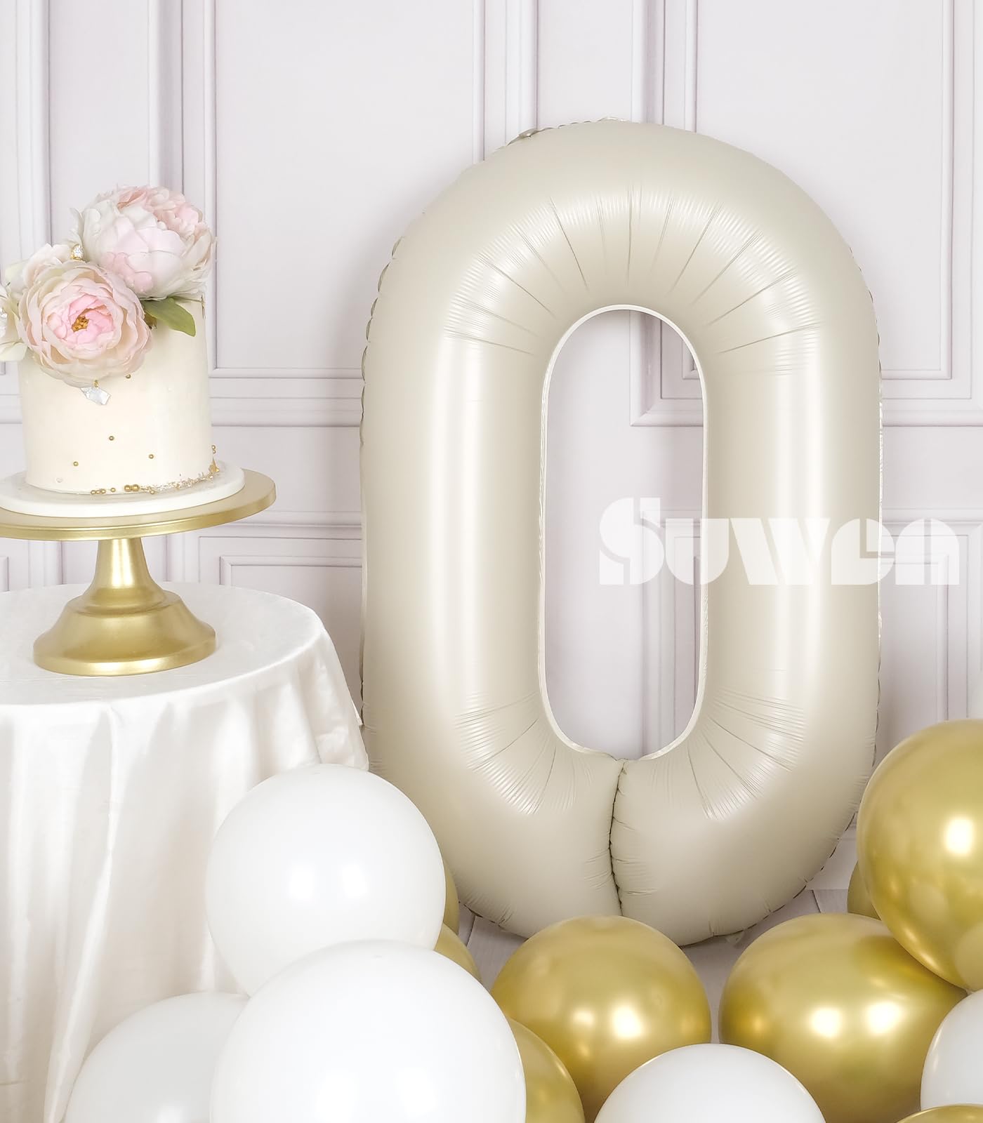 Suwen 40 Inch Cream White Large 0 Balloon Numbers Big Foil Helium Number Balloons 0-9 Jumbo Happy 0Th Mylar Birthday Party Decor