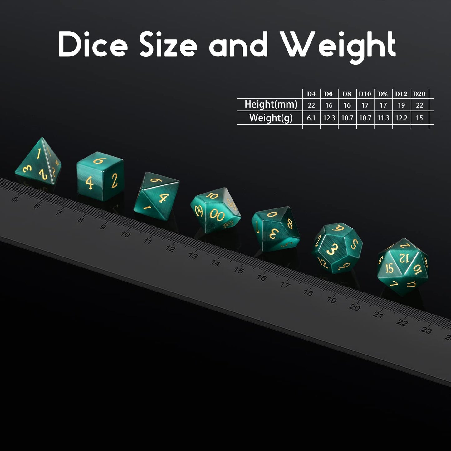 DNDND Cat's Eye Gemstone Dice, 7 PCS Green Stone Dice with Grogeous Gift Case for DND Dungeons and Dragon Tabletop Game (Green C