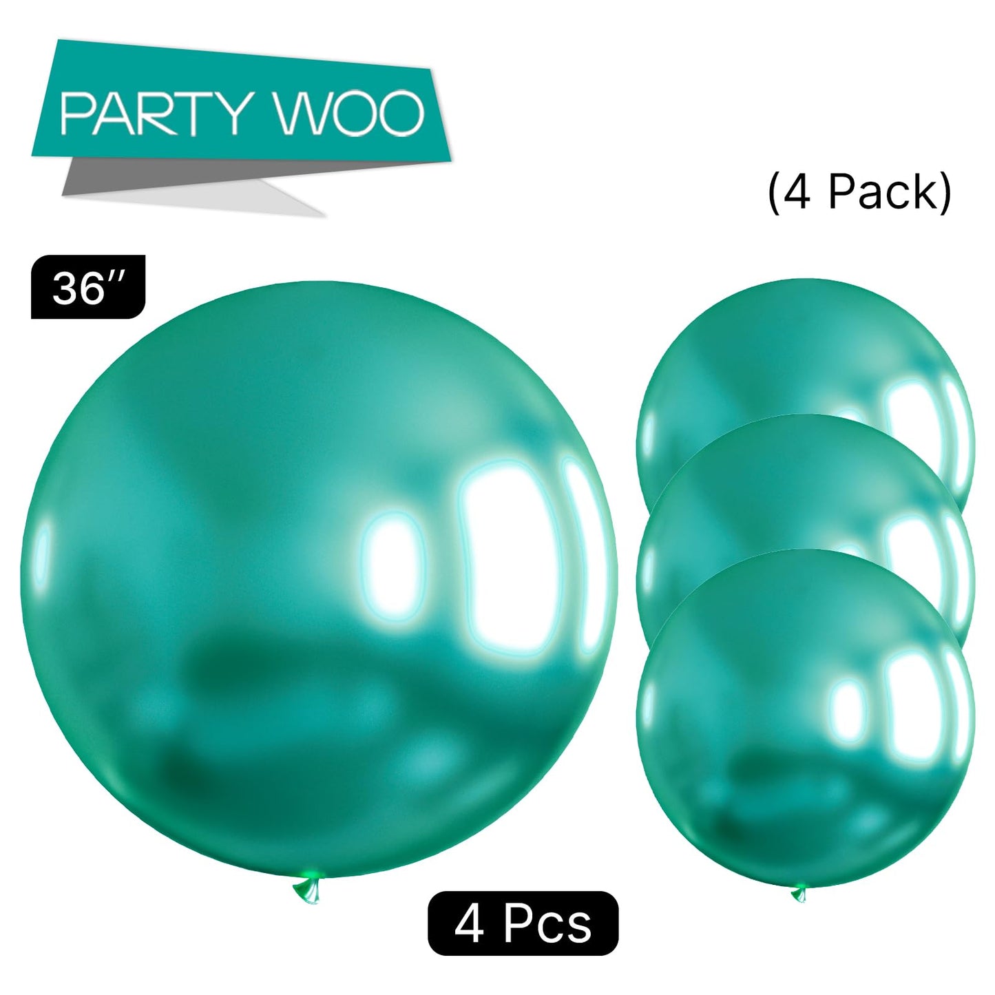 PartyWoo Metallic Green Balloons, 36 Inch Jumbo Rubber Balloons, 4 pcs Chrome Green for Birthday & Wedding Decorations