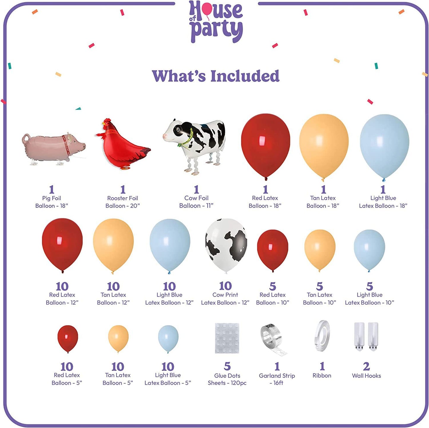 HOUSE OF PARTY Cow Balloon Arch - 110 Pcs Rubber Balloons for Boys Birthday, Cowboy Farm Theme, Blue Red, Pack of 120