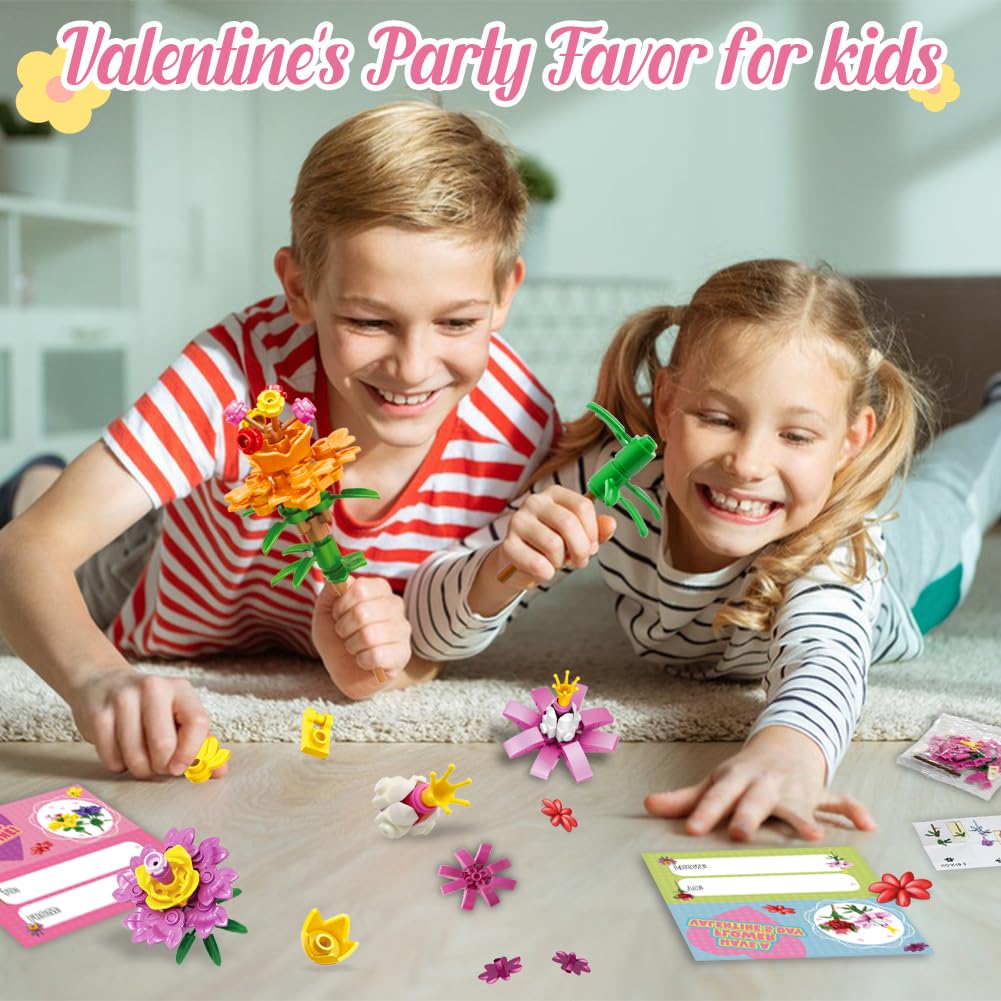 Umeelr 24 Pack Valentines Day Gifts For Kids, Flowers Bouquet Building Blocks With Valentines Day Cards, Valentine'S Classroom G