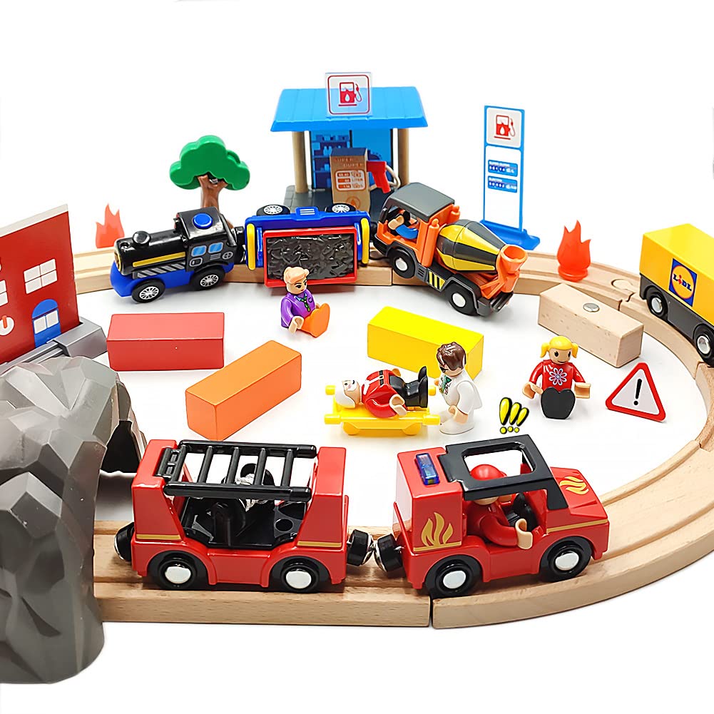 Wooden Train Cars Track Accessories Set Rescue Fire Truck Small Vehicles Magnetic Train Cars Fit For Wooden Train Track Railway For Boys And Girls (Fire Truck(With Light And Sound))