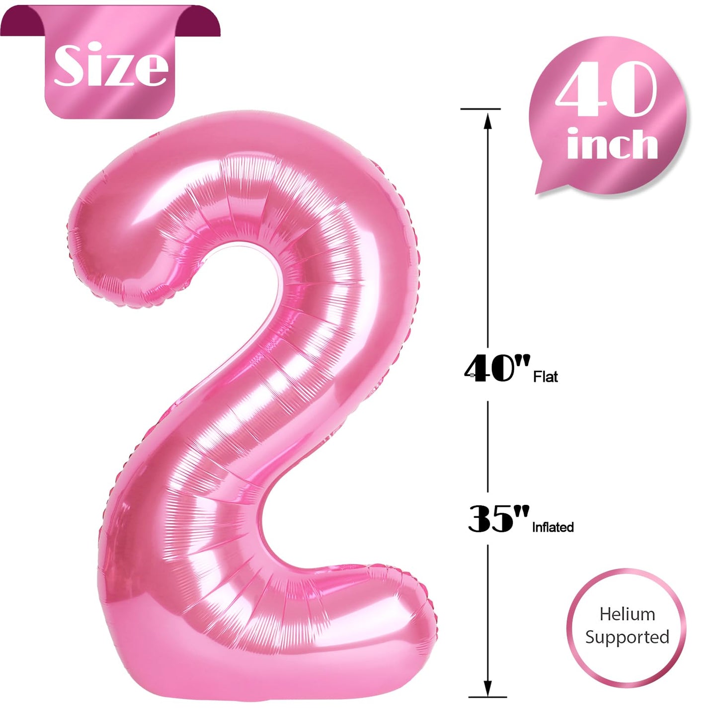 Pink Number 2 Balloon 40 Inch, 2 Balloon Number, 2Nd Birthday Decorations For Baby Girls Boys Toddlers