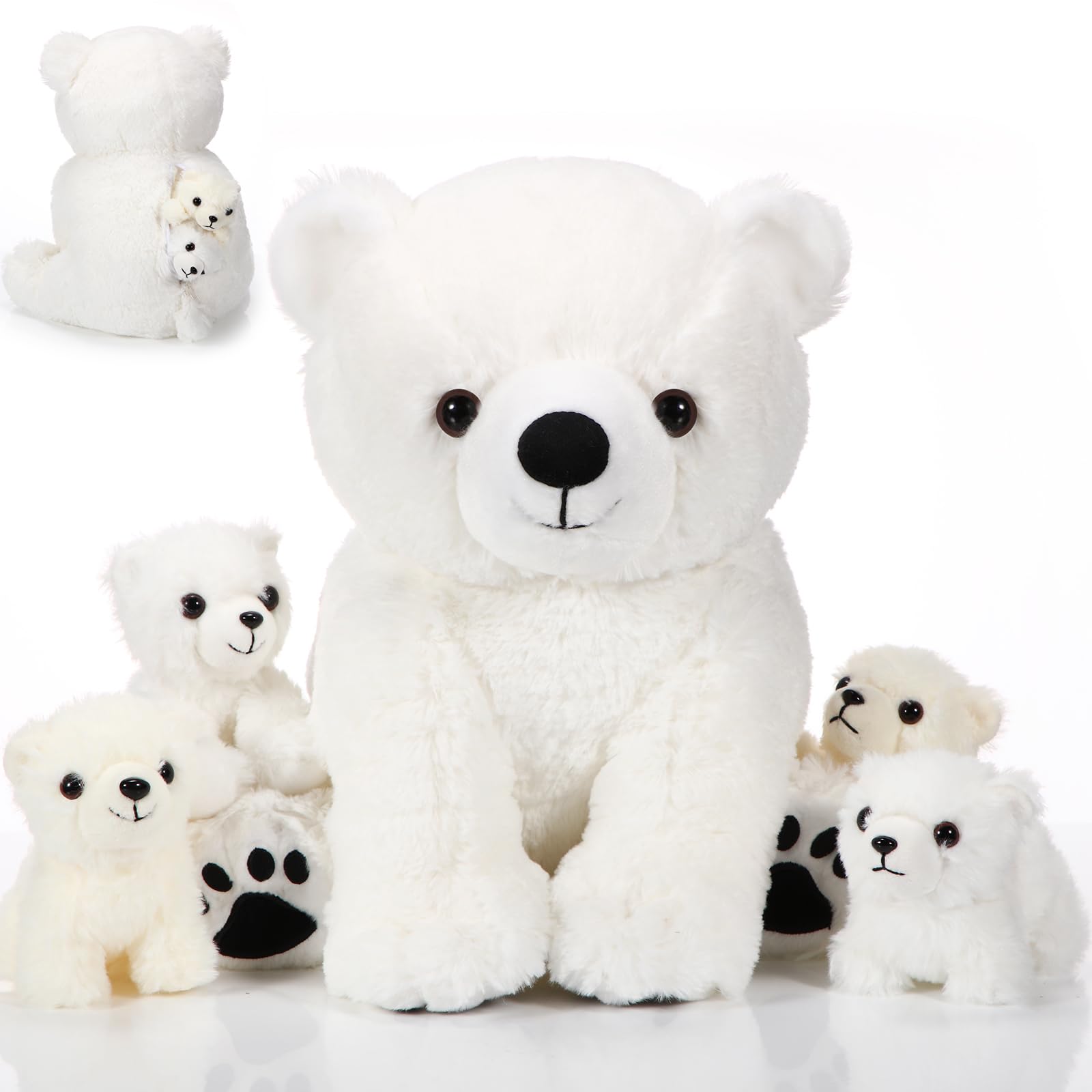 Leitee 5 Pcs Polar Bear Plush Set Large Mommy Polar Bear Stuffed Animal With 4 Cuddly Baby Plushies In Belly For Boys Girls Birthday Winter Holiday Decor Gifts(Sitting)