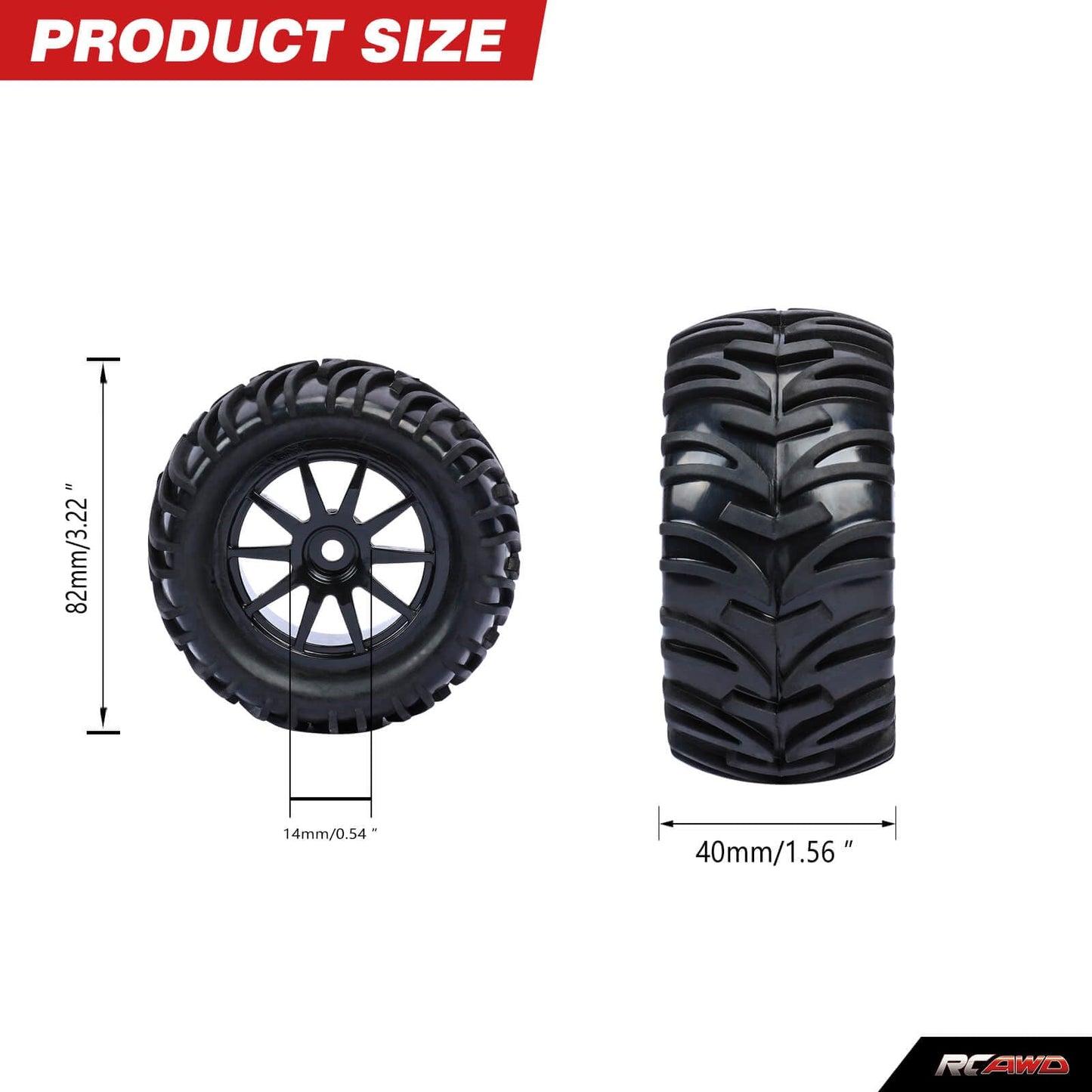 RCAWD Pre-Glued 12mm Hex Adapter Wheel and Tire Set Rubber Nylon Upgrades Parts for 1/16 1/18 Monster Truck with Foam Inserts fo