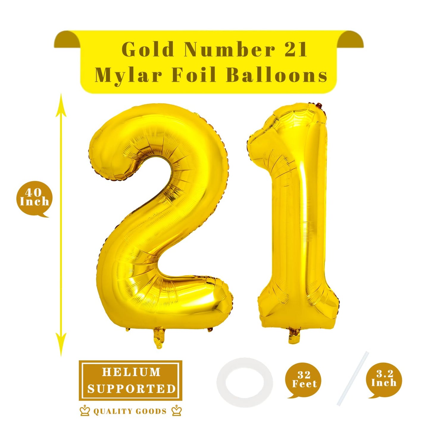 Pigetale 40 Inch 21 Number Balloons Gold Big Giant Jumbo Helium Number Digital 21 Foil Mylar Balloon For 12Th 21St Boys Girls Bi