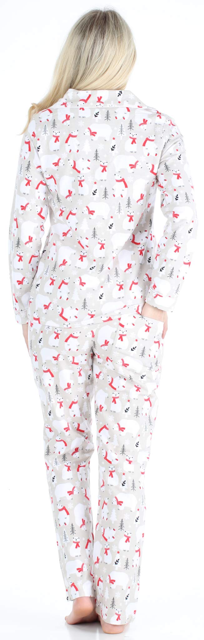 Pajamamania Womens Cotton Flannel Long Sleeve Button-Down Pajamas Pj Set, Polar Bear, Medium,