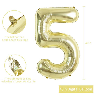 Toniful 40 Inch Light Gold Large Numbers Balloon 0-9 Birthday Party Decorations,Foil Mylar Big Number 5 Balloon Digital 5 For Bi