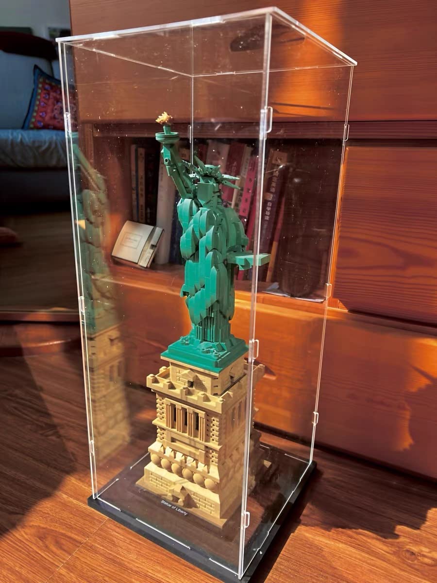 Thickened Clear Acrylic Display Case Assemble Box Storage Stand For Lego 21042 Liberty Statue Figures With Black Wood-Plastic Ba