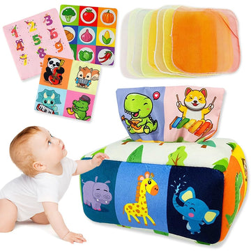 Patpat Soft Tissue Box Toy For Baby 6 To 18 Months Cartoon Cloth Tissue Box Montessori Toy Crinkle Sensory Toy Activity Toy With