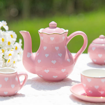 TUZT Porcelain Tea Party Set for Little Girls Kids Toddlers, 13Pcs Pink Heart Ceramic Tea Set - Tea Pot Cups & Saucers & Carryin