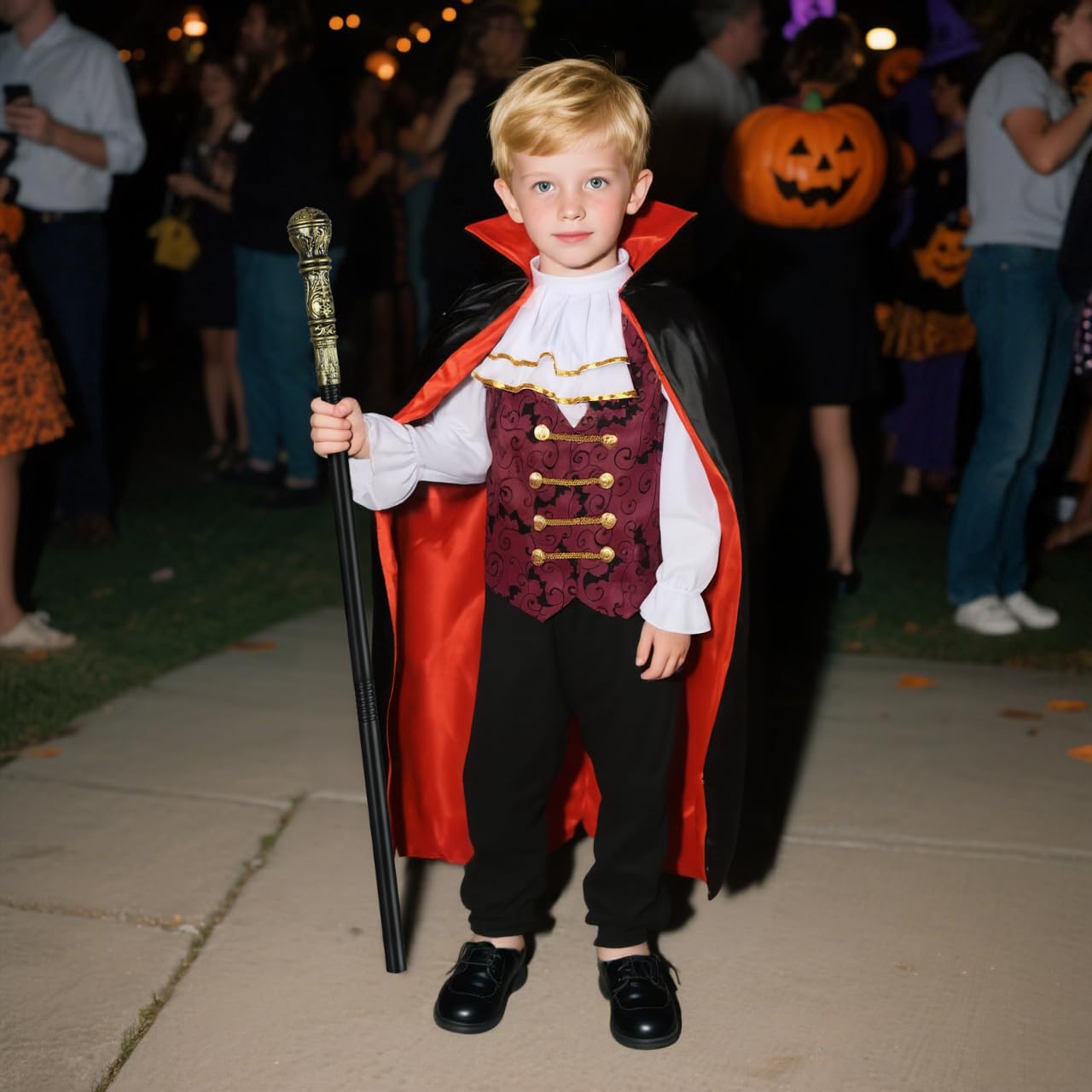 Kids Vampire Costume for Boys Bat Halloween Vampire Costumes for Kids Halloween Scary Cloak with Cane 4'3''-4'9'' Red