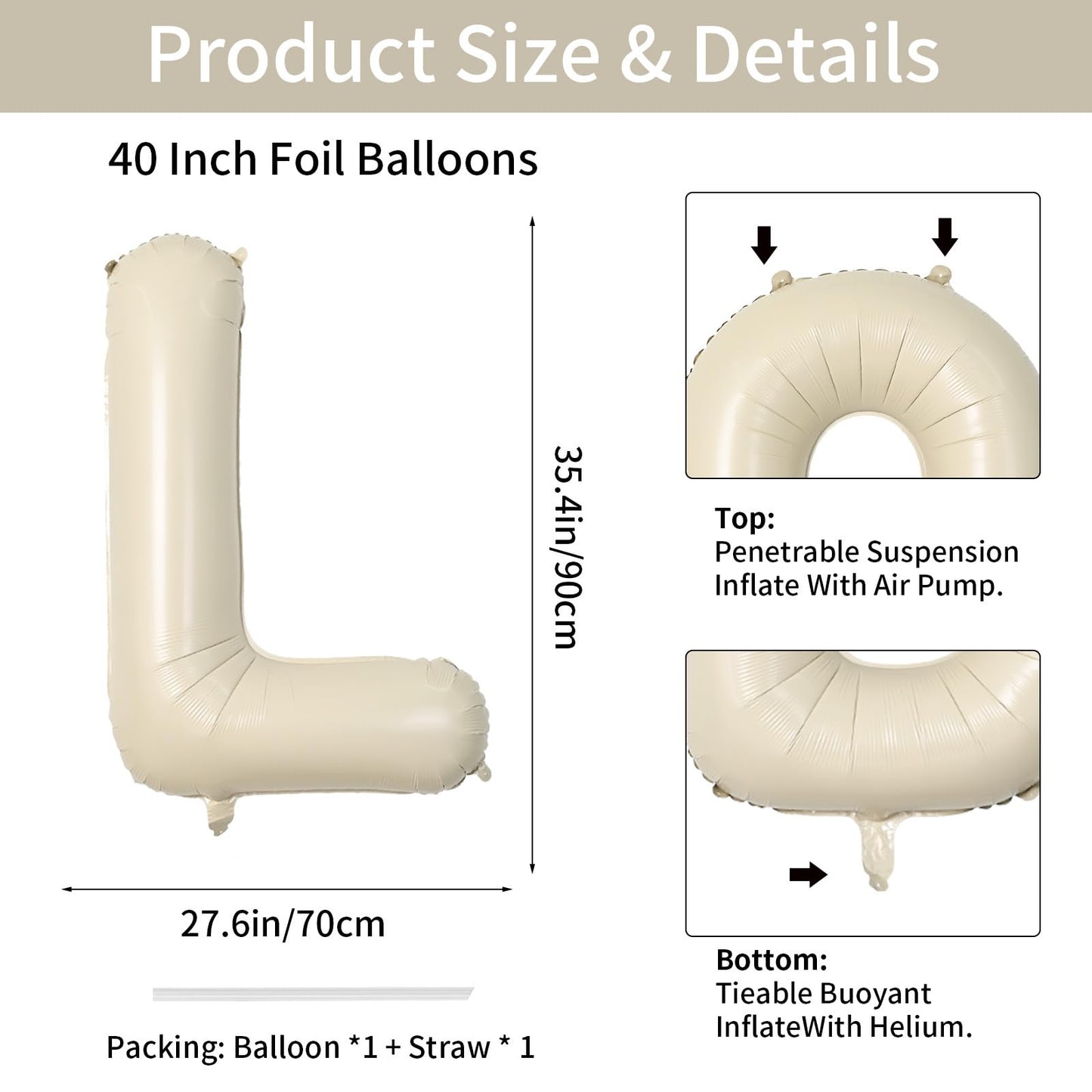 Biapian 40 Inch Letter L Balloons, Giant Cream L Foil Balloon, Big Single Alphabet A-Z Balloons, Beige Large Aluminum L Balloons