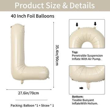 Biapian 40 Inch Letter L Balloons, Giant Cream L Foil Balloon, Big Single Alphabet A-Z Balloons, Beige Large Aluminum L Balloons