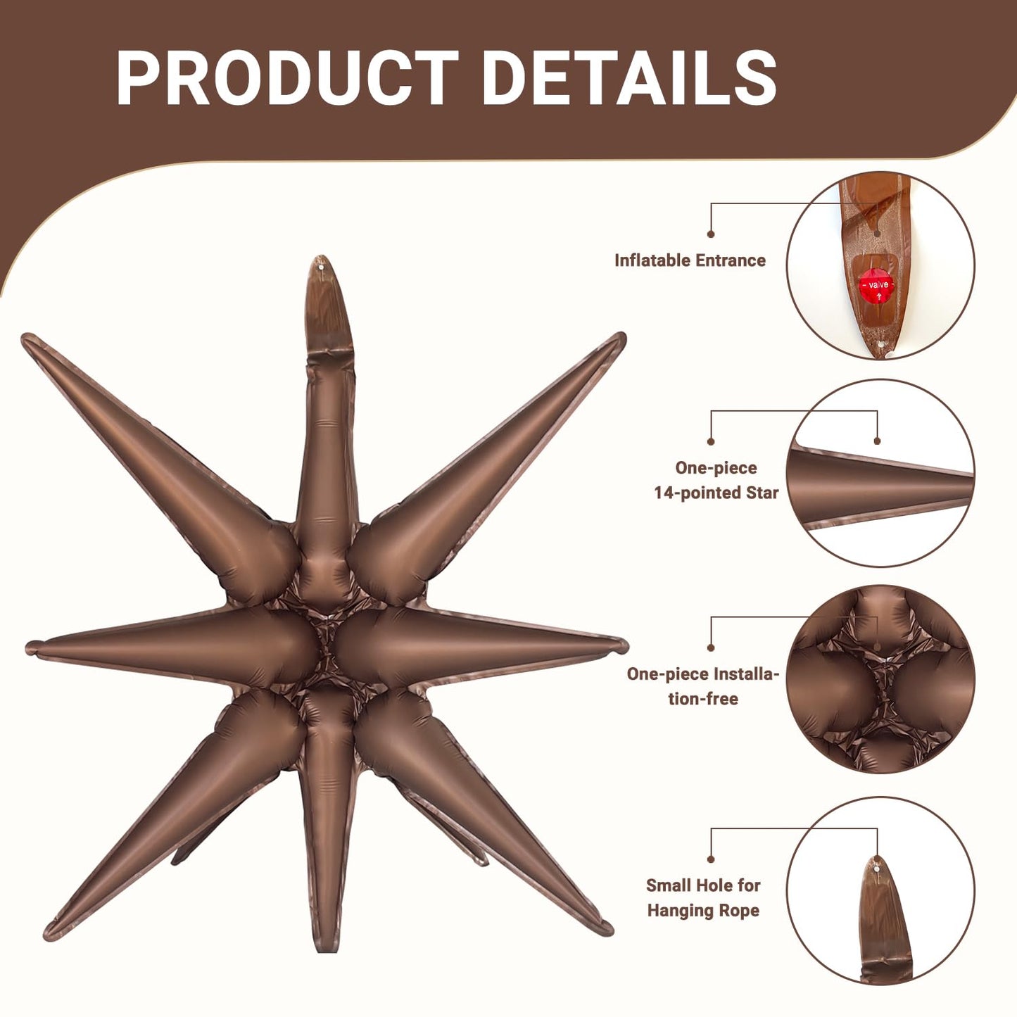 6 Pcs Brown Star Foil Balloons One-Piece 14-Pointed Star Balloons 4D Starburst Cone Mylar Balloons 22Inch Christmas Birthday Wed