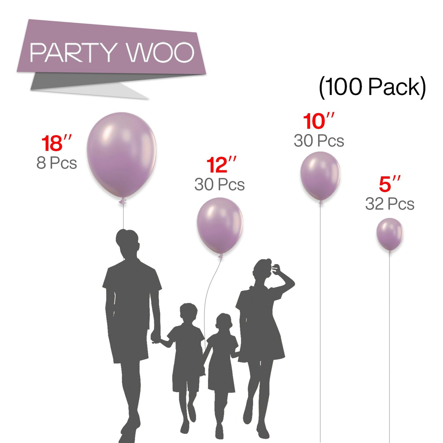 Partywoo Dusky Purple Balloons, 100 Pcs Boho Purple Balloons Different Sizes Pack Of 18 Inch 12 Inch 10 Inch 5 Inch Pale Purple Balloons For Balloon Garland Arch As Party Decorations, Purple-F29