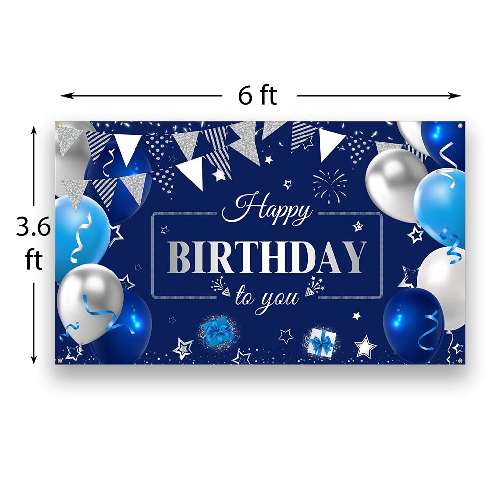 Happy Birthday Banner Large Navy Blue Silver And White Balloons Sign Poster For Children Men Women Birthday Anniversary Party De