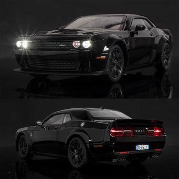 ERBADIHAGO 1/32 Dodge Challenger Hellcat Alloy Toy Car with Light & Sound - Black, Pull Back Model for Boys Age 3+