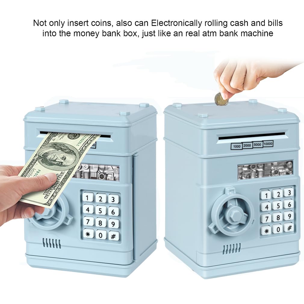 Setibre Piggy Bank, Electronic Atm Password Cash Coin Can Auto Scroll Paper Money Saving Box Toy Gift For Kids (Light Blue)