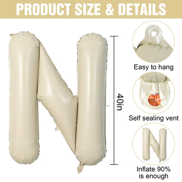 Letter Balloons Beige,40 Inch Letter N Balloons,A-Z Alphabet Name Foil Balloons,Big Single Cream Aluminum N Word Balloons Helium