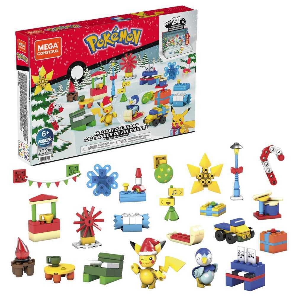 MEGA Pok  mon Building Toys Set, Holiday Calendar with 202 Pieces, 2 Poseable Characters and Accessories, for Kids