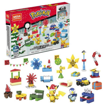 MEGA Pok  mon Building Toys Set, Holiday Calendar with 202 Pieces, 2 Poseable Characters and Accessories, for Kids