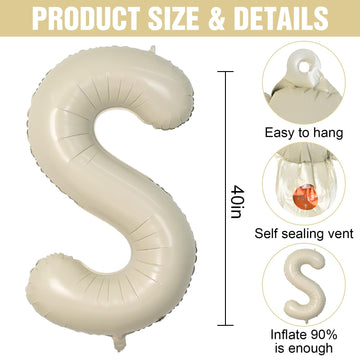 Letter Balloons Beige,40 Inch Letter S Balloons,A-Z Alphabet Name Foil Balloons,Big Single Cream Aluminum S Word Balloons Helium