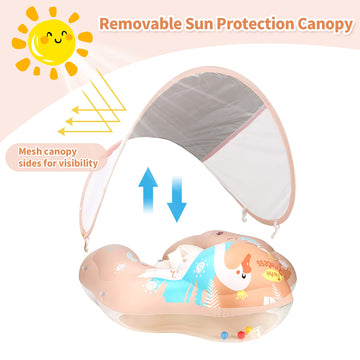 Free Swimming Baby Infant Pool Float with Sun Canopy Inflatable Baby Swimming Floatie with Sponge Safety Bottom Support Water Toys Swimming Trainer for Age of 3-72 Months (Pink  Large)