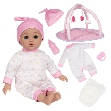 ADORA Over The Rainbow Baby Doll and Play Mat with 7 Piece Accessories Set Including Rainbow-Print Onesie, Beanie, Pacifier, Dol