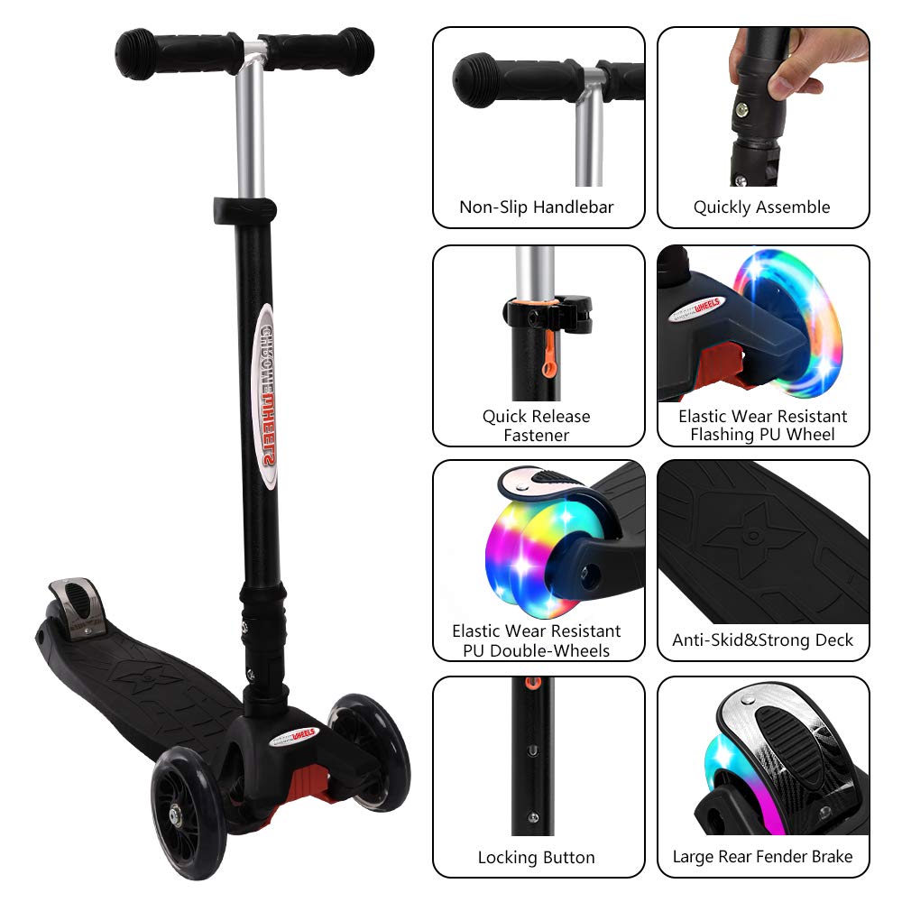 ChromeWheels Deluxe Kick Scooter for Kids, 3 Wheels, Foldable, 4 Adjustable Heights, LED Light-Up Wheels, Black, 132lbs Weight Limit