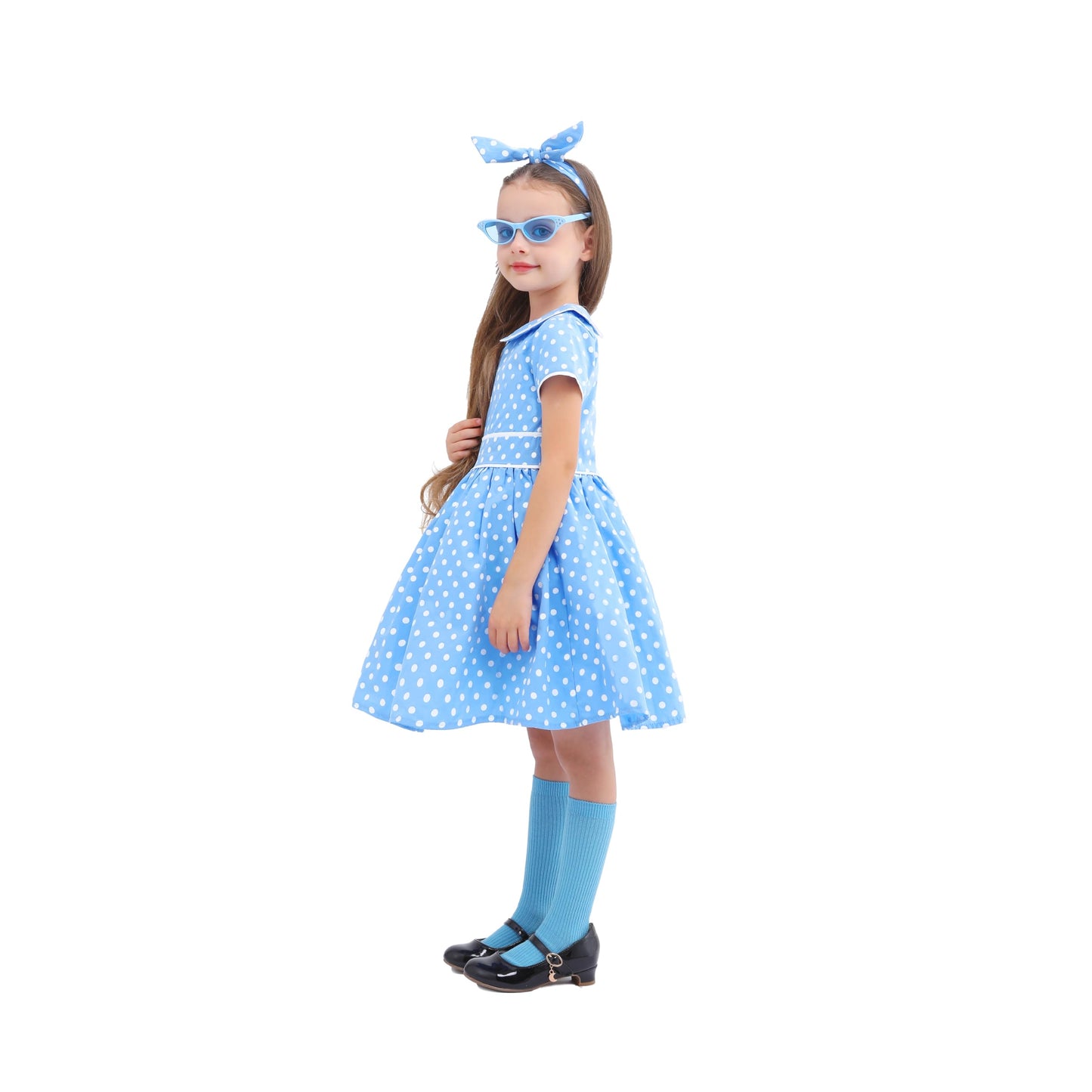 Raberto Girls 50S Polka Dot Dress With Headband, Glasses And Socks - Easter & Special Occasion Dress For Toddlers 3T-4T, Small,
