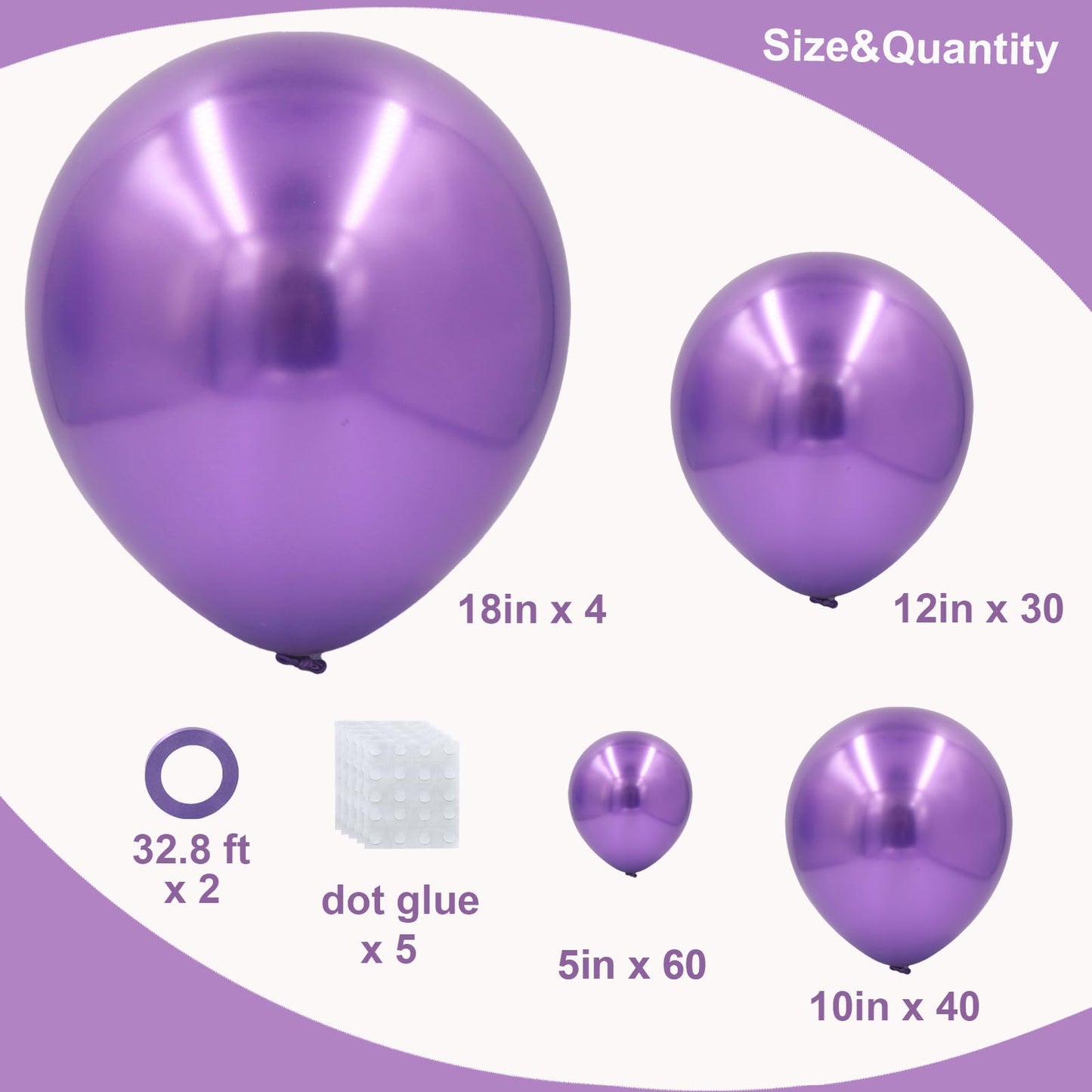 Purple Balloons In Different Sizes 5 10 12 18Inch-134Pcs Metallic Chrome Purple Balloons For Garland Arch
