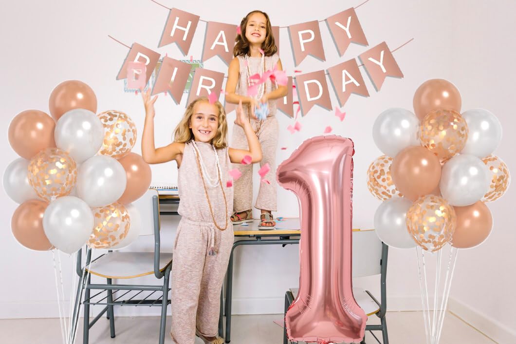 Rose Gold 40Inch Number 1 Balloon, First Birthday Decorations For Girl With Rose Gold White Confetti Balloons, Happy Birthday Ba
