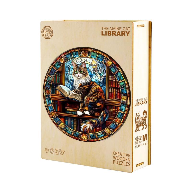 Jigfoxy Wooden Puzzle for mature-themeds  Maine Cat Wooden Jigsaw Puzzles for mature-themed  Unique Animal Shape Wood Cut Puzzles  Christmas Thanksgiving Gifts for Friends Family (S-8.5 * 8.5in-100pcs)