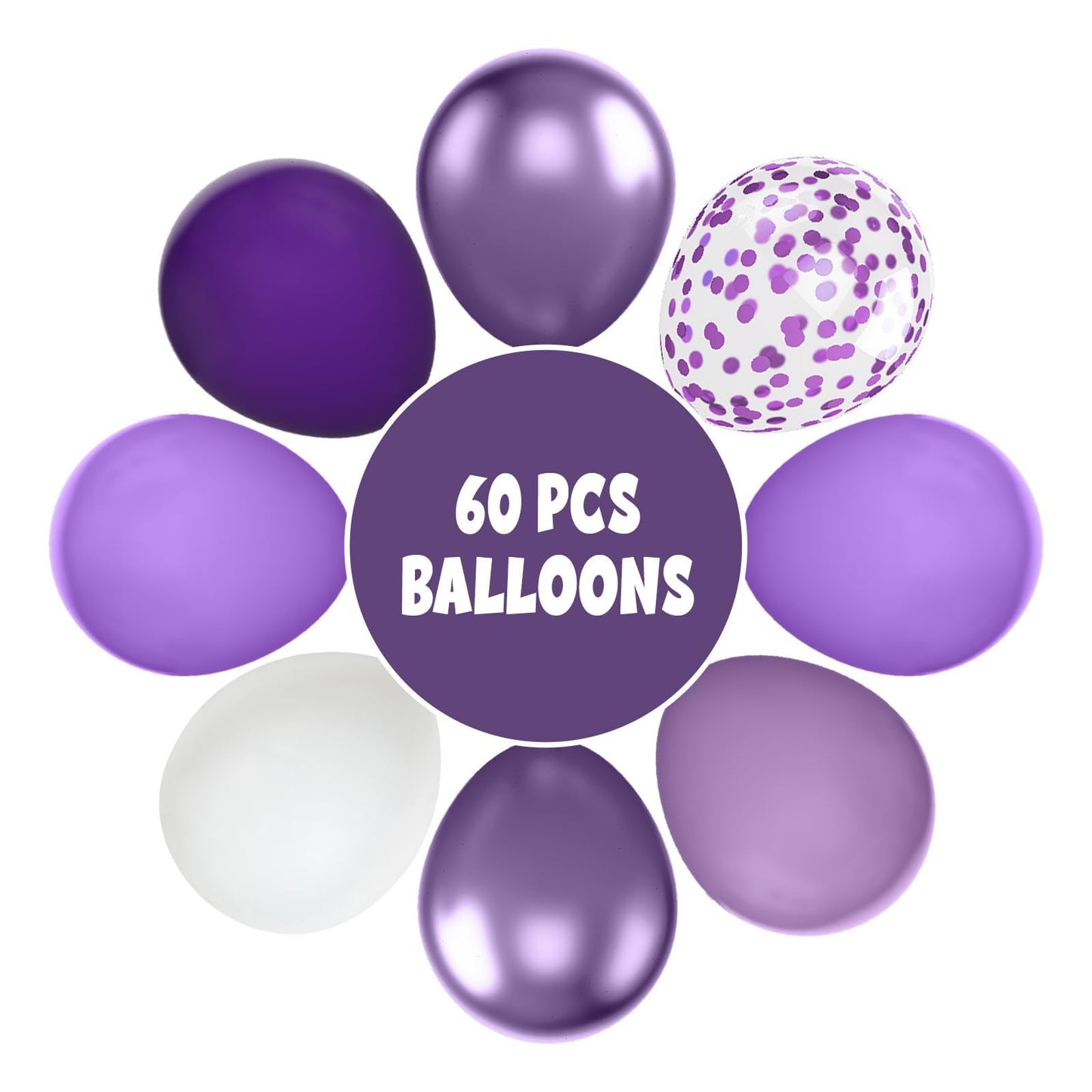 Funhot Purple Balloons, 60 Pcs Dark Purple White Balloons, 12 Inch Metallic Purple Confetti Balloons Macaron Purple Latex Balloo