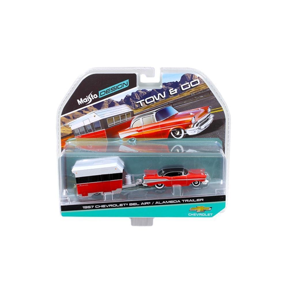 Maisto 1957 Chevrolet Bel Air with Alameda Trailer Red Tow & Go 1/64 Model