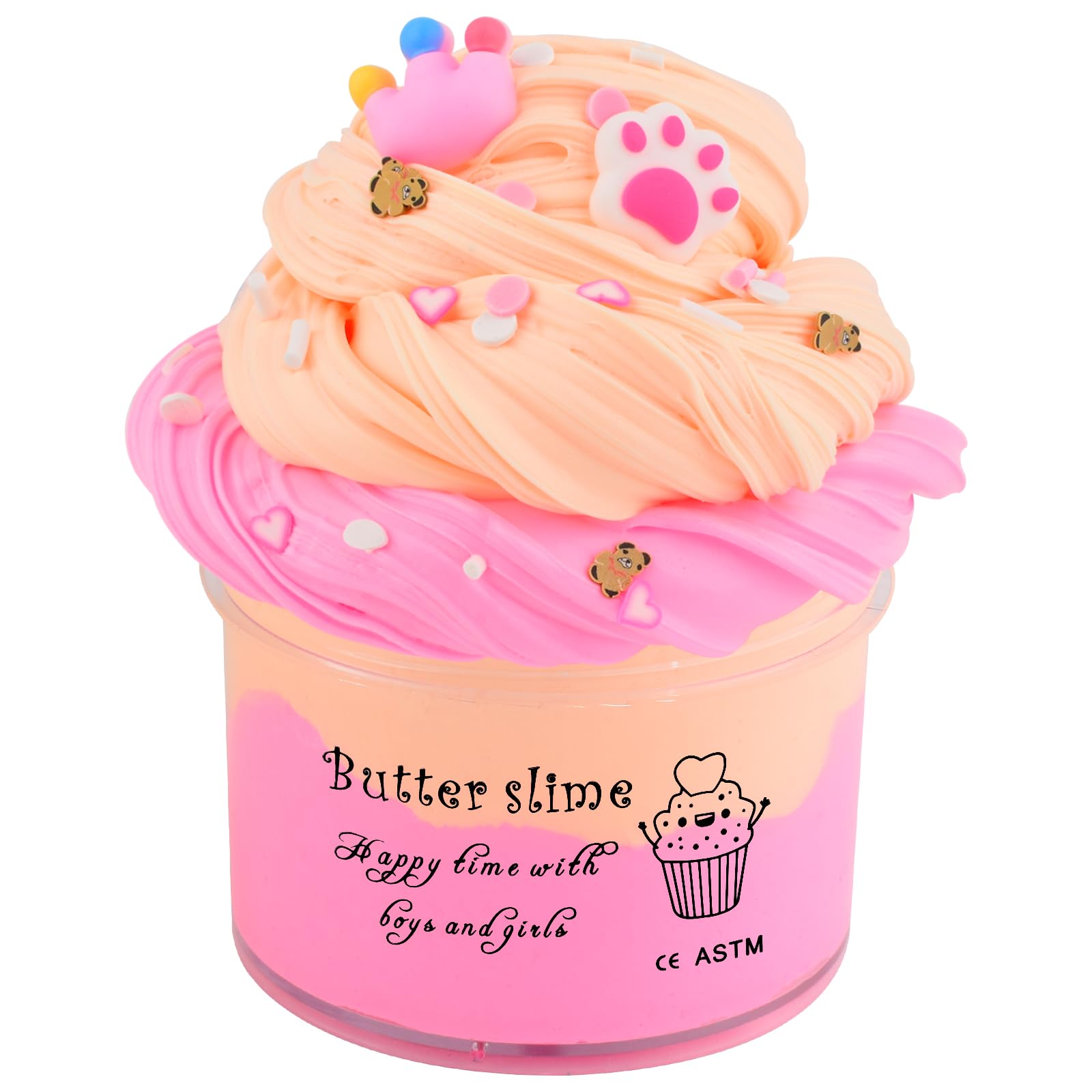 Deep Pink Peach Color Two-Toned Butter Slime,Cute Claws And Pink Crown Charms,Slime Making Kit,Scented Stress Relief Toys,Used A