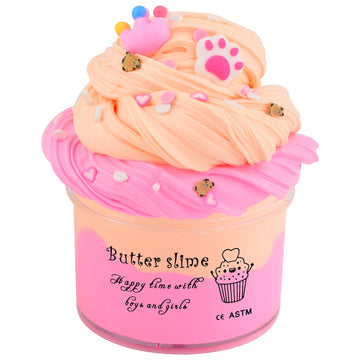Deep Pink Peach Color Two-Toned Butter Slime,Cute Claws And Pink Crown Charms,Slime Making Kit,Scented Stress Relief Toys,Used A