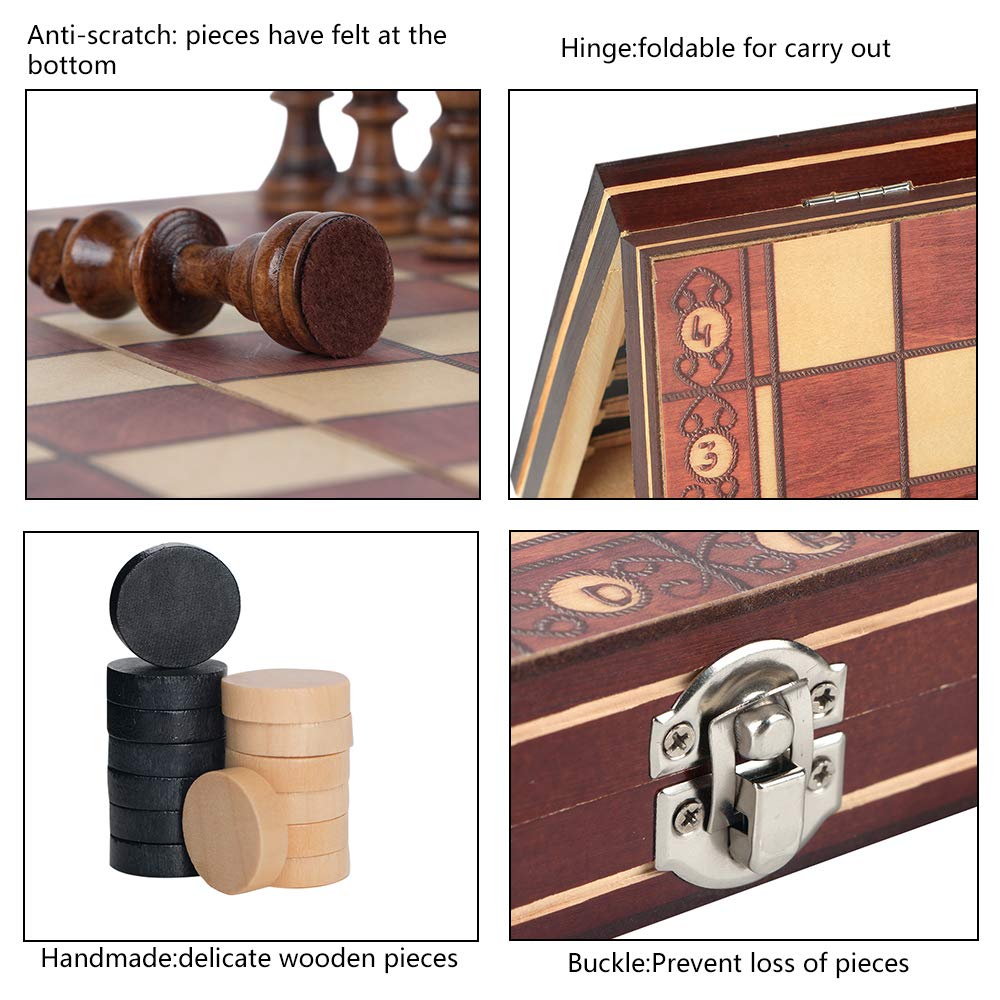 Luoyer 3-In-1 Chess Backgammon Checkers Set 11 Inch Wooden Chess Checkers Board Game With Folding Carrying Case Travel Chess Set For Adults