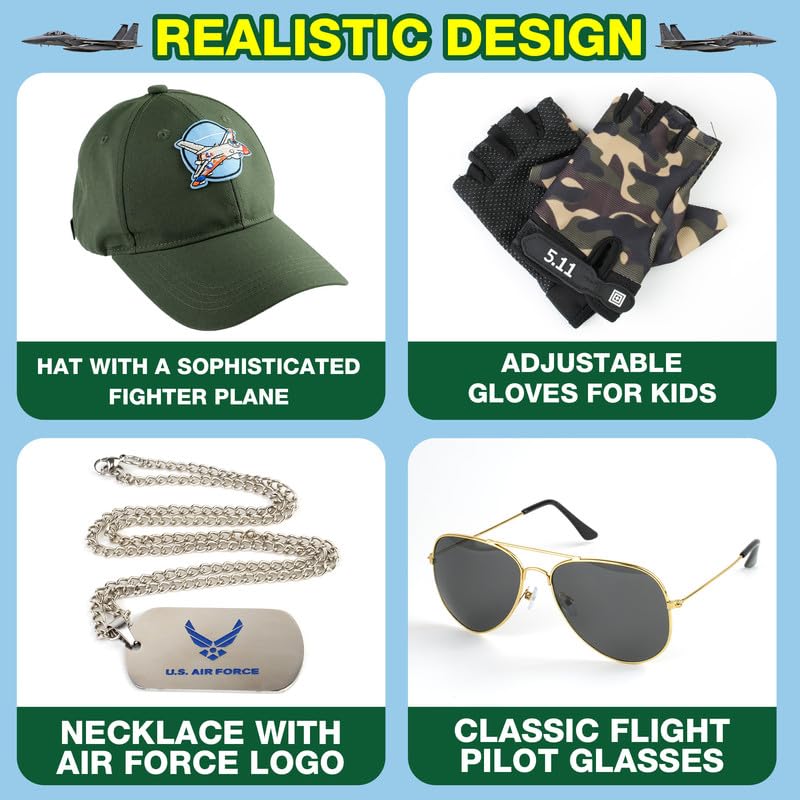Zoruis Pilot Costume For Children, Top Air Force Aircraft Cosplay Costume With Cap, Glasses, Gloves, Pendant For Halloween Party