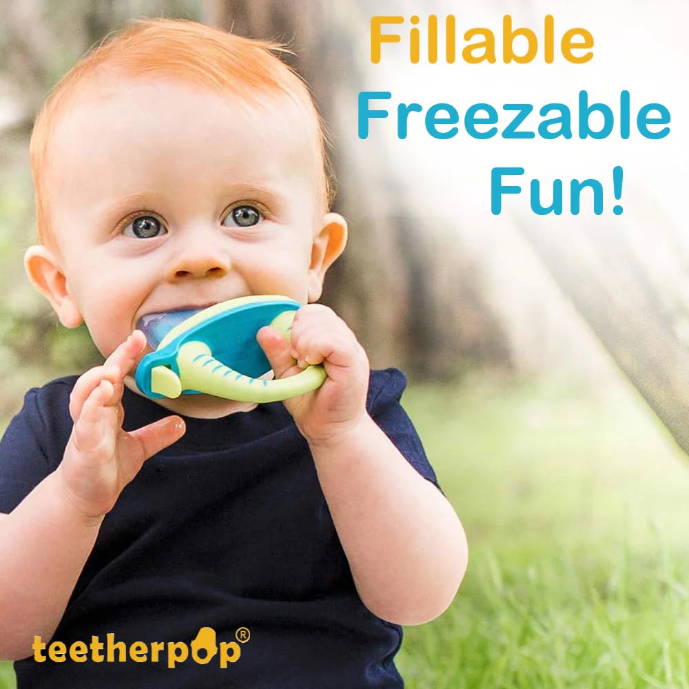 Teetherpop Fillable Silicone Teether - 3-Pack Blue Set for Babies, Freezable Breastmilk Popsicle Molds with Spill-Proof Sippy Slits