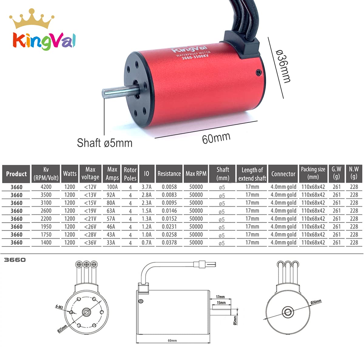 KingVal Replacement 3660 4200KV Waterproof Brushless Motor Shaft Diameter 5mm Compatible with 1/10 RC Car