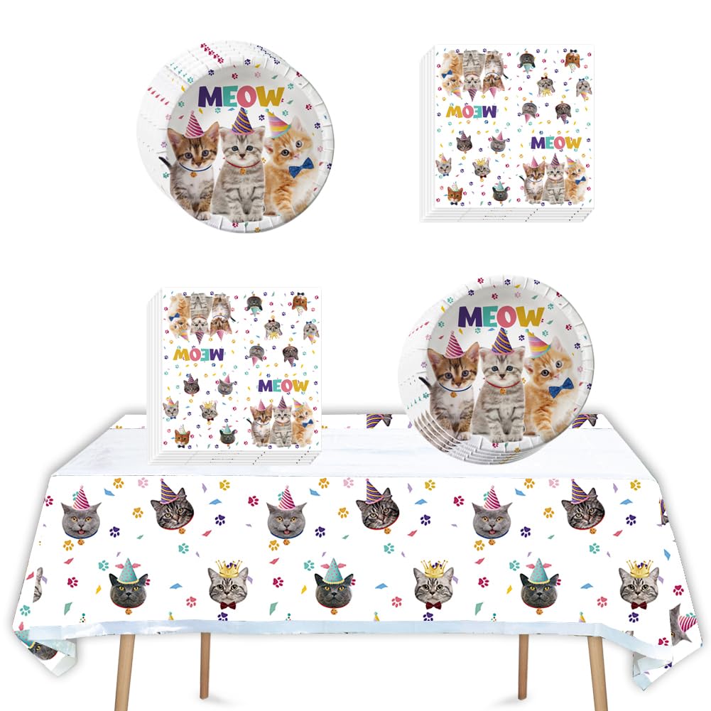 41Pcs Cat Party Supplies,Include 20 Plates, 20 Napkin And 1Pcs Tablecloth,Used For Birthday Party Decoration (Cat Eee)