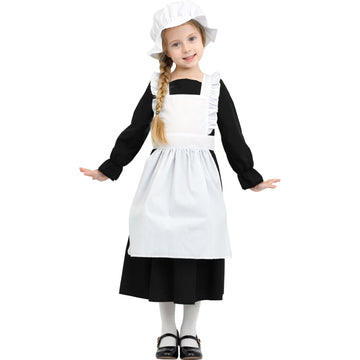 Lingway Toys Girls Pioneer Costume,Black Colonial Prairie Dress For Girls With Apron And Bonnet 4-6