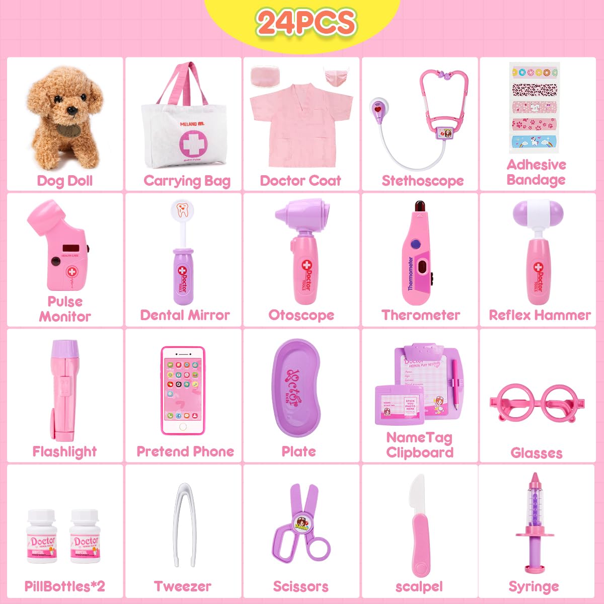 Meland Toy Doctor Kit for Girls - Pretend Play Set with Stethoscope, Dog Toy & Costume - Ideal Gift for Kids Ages 3-6