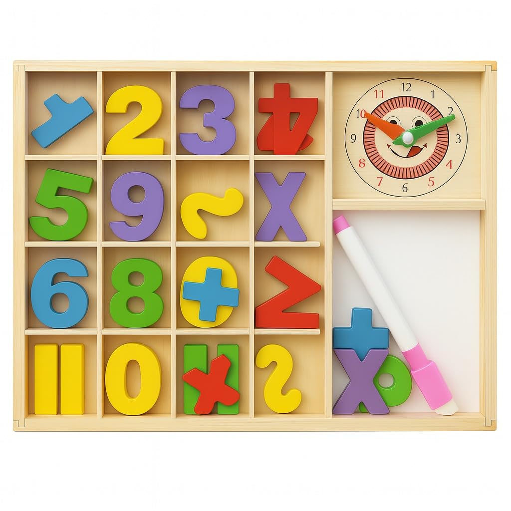 Swhf Wooden Educational Number Blocks Toy Set For Kids  Includes 110 Numbers, Math Symbols, Doodle Pen & Clock  Learning & Ac